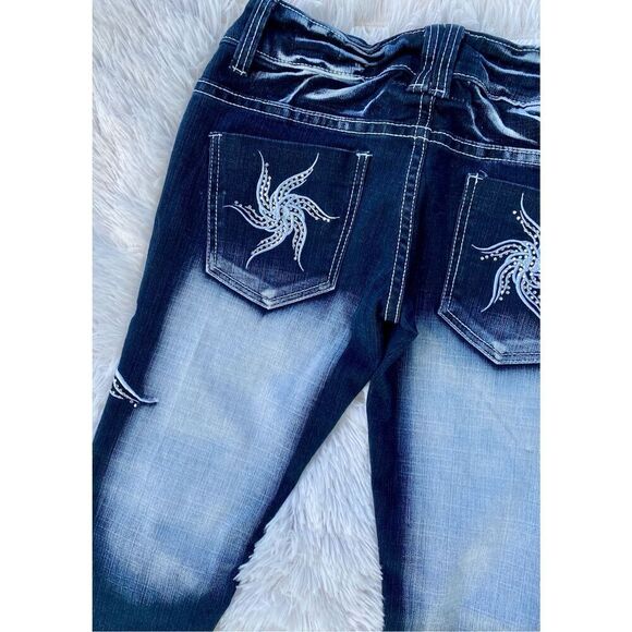 Y2K Vintage Blue Queen SZ 3/4 Dark Wash Factory Faded Bling Jeans - Picture 8 of 12